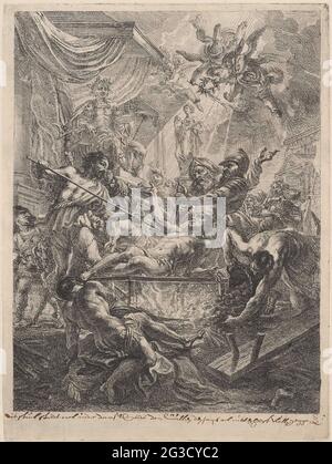 Das Martyrium von H. Laurentius. Der Diakon Laurentius wird über einem Feuer geröstet. Er konzentriert sich auf die Hälfte, um sich umzudrehen. Im Vordergrund arbeiten die Bediensteten mit einem Balg und zusätzlichem Kraftstoff weiter am Feuer. Der römische Präfekt blickt von einem Stuhl auf einen Balkon. Eine große Gruppe von Zuschauern rund um Laurentius. In der Luft zwei Engel mit einem Palmenzweig und einem Lorbeerkranz. Stockfoto