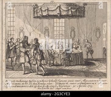 Karl VI. Und Philipp V. unterzeichnen die Wiener Konvention, die Friedensziehung zwischen Kyserlyken Majt. Carel VI und der König von Spanjen Philippus de V auf der 30 AP. 1725. Karl VI. Und Philipp V. sitzen an einem runden Tisch und unterzeichnen den Wiener Vertrag. Verschiedene hochrangige Personen beobachten. Unten links ein dreibeiniger Text auf Niederländisch mit einer Erklärung der Aufführung und rechts eine ähnliche Erklärung auf Latein. Stockfoto
