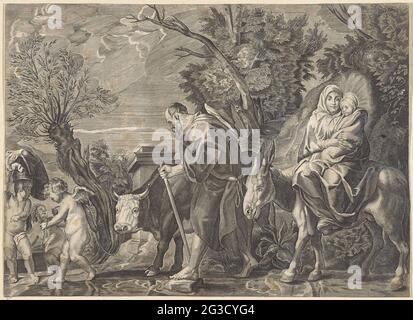Flug nach Ägypten. Joseph führt den Esel, auf dem Maria mit dem Christkind ist, durch einen Strom. Eine Kuh geht neben ihm. Links drei Engel. Stockfoto