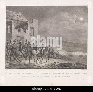 Treffen zwischen Wellington und Blücher nach der Schlacht von Waterloo, 1815; Treffen der Generäle Wellington und Blucher, nach der beendeten Schlacht bei Waterloo, bei De Hoeve: La Belle Alliance. Nächtliches Treffen zwischen den Generälen Wellington und Blücher bei De Hoeve La Belle Alliance nach der gewonnenen Schlacht von Waterloo am 18. Juni 1815. Teil einer Gruppe von Ereignissen rund um und während der Kämpfe in Quatre-Bras und Waterloo, 16-18. Juni 1815. Stockfoto