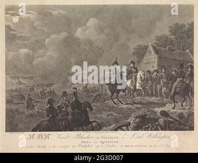 Treffen zwischen Wellington und Blücher nach der Schlacht von Waterloo, 1815; S.D. H. Frost Blucher, aus Walstadt. Lord Wellington, Prinz von Waterloo, trifft sich bei der Verfolgung der Franzosen am 18. Junij in der LA BELLE Alliance Landhoeve; zweite Serie von vier Platten der Schlachten in Quatre-Bras und Waterloo. Treffen der obersten Kommandeure, des Herzogs von Wellington und des Frost Blücher, nach der Schlacht von Waterloo am 18. Juni 1815 für die La Belle Alliance Farm. Stockfoto