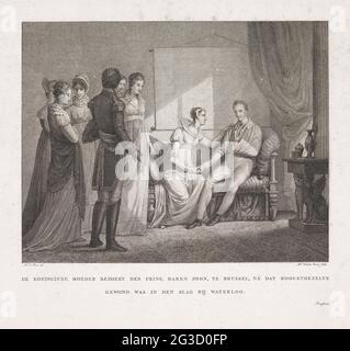 Die Königin besucht den verletzten Prinzen in Brüssel, 1815; die Mutter des Koningin besucht den Prinzen Haaren Son in Brüssel, nachdem er in der Schlacht von Waterloo am meisten verwundet wurde. Die Königin Wilhelmina van Preussen besucht ihren Sohn Willem Frederik George, Prinz von Oranien, der während der Schlacht von Waterloo am 18. Juni 1815 verletzt wurde. Teil einer Gruppe von Anbauern von Veranstaltungen rund um und während der Kämpfe in Quatre-Bras und Waterloo , 16-18. Juni 1815. Stockfoto