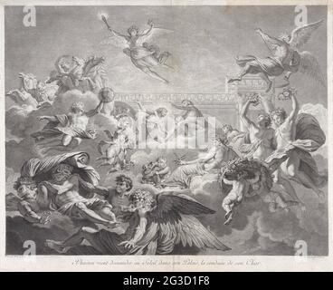Phaeton und Apollo; Phaeton Vient Demander Au Soleil Dans Son Palais, La Conduite de Son Char; Les Peintures de Charles Le Brun et d'Eustache le sumer qui sont dance (...) La Maison du Président Lambert. Phaëthon bittet den Sonnengott Apollo, einen Tag im Solarauto fahren zu dürfen. Apollo spreizt seine Hände über den Kopf seines Sohnes. Links halten Männer die Pferde vor das Solarauto. Aurora, die Göttin der Morgendämmerung, fliegt mitten in ihrer Fackel. Recht Vater Zeit mit seinem zeis, Ceres mit Ähren von Mais, und die Stunden mit Blumen in den Händen. Unten links von den vier Winden. Bis t Stockfoto