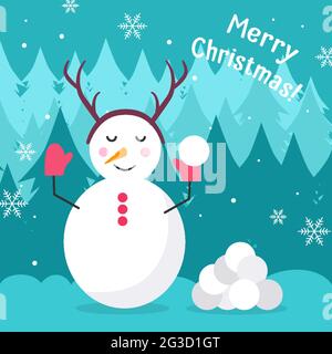 Schneemann in Fäustlingen mit Geweih auf dem Kopf, hält einen Schneeball in den Händen, neben ihm liegt ein Haufen festgeklemmter Schneebälle. Der Hintergrund besteht aus Bäumen und Schneeflocken. Frohe Weihnachtskarte. Flach Stock Vektor