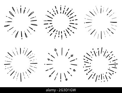 Handgezeichneter Satz von Sonnenstrahlen Glanz und funkeln. Doodle-Skizzenstil. Kreis Ausbruch der Sonne, Stern. Vektorgrafik. Stock Vektor