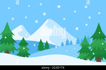 Grüne Weihnachtsbäume in den Bergen, Schneeflocken fliegen, schöner einfacher Hintergrund für Text, Grußkarte, Banner, Poster. Layered Winter Komposition mit Schnee. Geschenkpapier. Vektor flach Stock Vektor