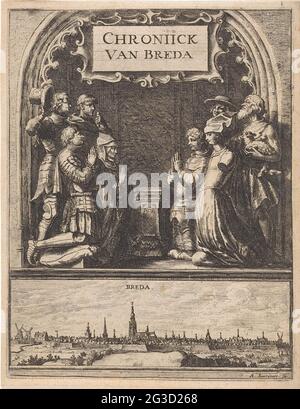 Betende an einer Nische; Titelseite für: Vliet, Johannes van. Bredaesche Almanac und Chronijck, 1664. Einige Leute in und für eine Nische einer Kirche. Links ist ein Mann in Rüstung, der seinen Hut mit floralen Motiven absenkt, neben einem jungen Mann in einer Paspel. Kniet der Spender (?) Mit gefalteten Händen; EIN Mann in Rüstung und eine Frau mit Mantel und Kapuze. Gegenüber kniet ein betender Mann in Rüstung nieder. Neben ihm eine knieende Frau in einem einfachen Kleid. Sie trägt eine Kapuze und ihr linker Arm ist weitgehend abgeschnitten. Hinter ihr ist ein Mann, Johannes der Täufer (?), mit einem Lamm auf seinem Arm. Neben ihm ein Mann mit einem Kardinalhut. Be Stockfoto