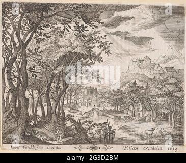 Bergige Flusslandschaft. Links ein Hirte mit seiner Herde. Rechts zwei Kühe am Ufer des Flusses. Zwei Figuren in einem Ruderboot hinter ihnen. Eine Steinbrücke in der Ferne. Auf der rechten Seite eine bergige Gegend mit ein paar Gebäuden. Stockfoto