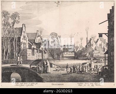 Dezember; die zwölf Monate, mit Dorfszenen. Ansicht von Delfshaven, der den Monat Dezember darstellt. In der Mitte im Hintergrund eine Holzbrücke mit Baldachin über einem Kanal. Ein Schulmeister spaziert mit seiner Klasse im Vordergrund. Verbindet zwei Frauen an einem Gemüsestall. Auf der Steinbrücke sind zwei Herren. An der Spitze der Sternbilder, die zu diesem Monat gehören: Steinbock. Letzter Druck aus einer Serie von zwölf. Stockfoto