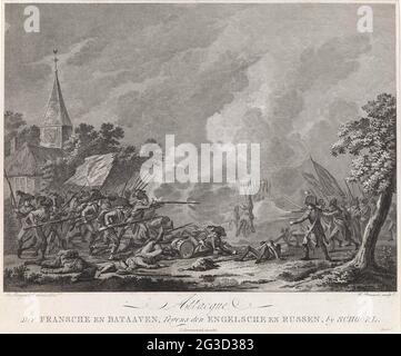 Kämpfe in Schoorl, 1799; Attacque der Fransche und Batawaaven, gegen die Engländer und Russen, von Schoorl; vier Platten auf dem englisch-russischen Überfall. Angriff der Frans-Batavianischen Armee auf die britisch-russischen Truppen bei Schoorl, 1799. Links die französisch-batawischen Truppen, in der Mitte der Russen und rechts die Engländer. Aus kurzer Entfernung schießen die Truppen zusammen, links im Hintergrund eine Kirche. Stockfoto