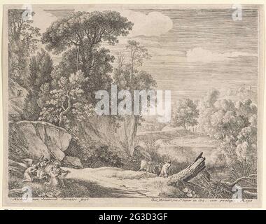 Joseph führt den Esel zu einem Fluss; Flucht nach Ägypten. Eine felsige Landschaft mit einem Fluss wurde gezeigt. Links im Vordergrund kniet Maria mit Christus auf ihrem Schoß nieder. Neben ihr zwei Engel, von denen das Heck ein permanentes Instrument spielt. Hinter ihnen führt Joseph den Esel zum Fluss. Stockfoto