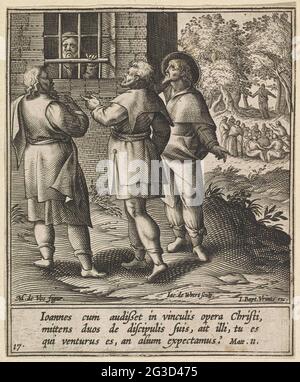 Johannes der Täufer im Gefängnis; Leben von Johannes dem Täufer; Vita B. Ioannis Baptistae Graphicè Beschreibung (...). Johannes der Täufer ist im Gefängnis. Durch die Bars spricht er mit drei seiner Studenten. Rechts in der Ferne predigt Christus für eine Gruppe von Menschen. Unter der Show gibt es einen dreibeinigen, lateinischen Text mit der Beschreibung der Matt-Szene. 11. Stockfoto