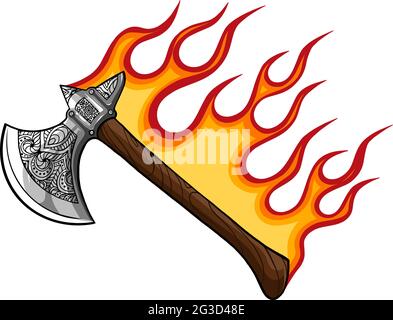 Illustration einer Axt mit Flammen auf weißem Hintergrund Stock Vektor