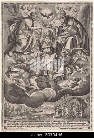Himmelfahrt und Krönung Mariens. Maria wird gekrönt von Christus, Krone und Zepter, und Gott, mit Tiara und Rijkeappel. Über ihr der Heilige Geist und einige Cherubim. Unter ihren verschiedenen Engeln. Unten rechts sind die Apostel um ihr leeres Grab herum. Unter dem Rand ein fünfzeiliger oratorischer Text in Latein. Stockfoto