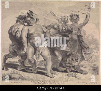 Trunkenheit von Bacchus. Der betrunkene Bacchus wird von zwei Essern unterstützt. Er ist nur mit einem Tiger-Laken bekleidet. Rechts ein Leopard und Maaaden. Stockfoto