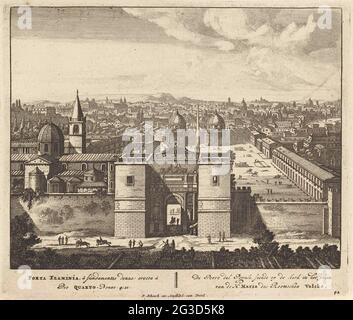 Porta del Popolo in Rom; De Poort del Pokurga Siede auf der Kirche und dem Platz der H. Maria des Roomschen Volcks.; Gesichter in Rom. . Stockfoto