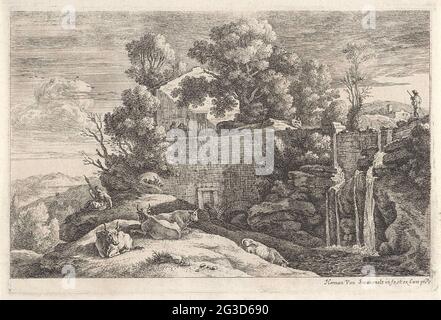 Landschaft mit Kühen und einem Stachel; vier Flusslandschaften. Für ein Gebäude an einem Ufer gibt es bei einigen Kühen einen Spinster. Auf der rechten Seite ist ein Wasserfall zu sehen. Stockfoto