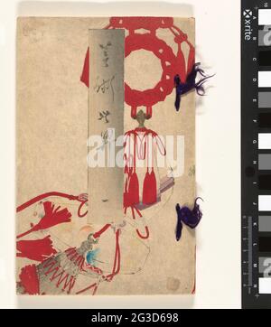 Welt der Künste - 1; Bijutsu Sekai - 1. Weißer Einband mit Attributbild mit roten Quasten und grauem Titelleiste; Innenteil, Inhaltsverzeichnis; 22 Blatt, nummeriert: 1-3, Text; 1-19, Bilder von Menschen, Tieren und Landschaften und ein paar Seitentexte; Innenteil, Kolophon. Stockfoto