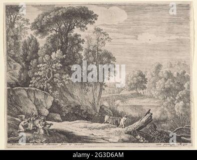 Joseph führt den Esel zu einem Fluss; Flucht nach Ägypten. Eine felsige Landschaft mit einem Fluss wurde gezeigt. Links im Vordergrund kniet Maria mit Christus auf ihrem Schoß nieder. Neben ihr zwei Engel, von denen das Heck ein permanentes Instrument spielt. Hinter ihnen führt Joseph den Esel zum Fluss. Stockfoto