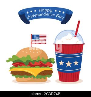American Independence Day Karte Fast Food mit Flagge, Band. Cheeseburger und Tasse Kaffee, um USA Flaggen zu gehen. Poster Tape American Patriotic Independence Festival. Latte zum Mitnehmen. Isolierter Vektor Stock Vektor