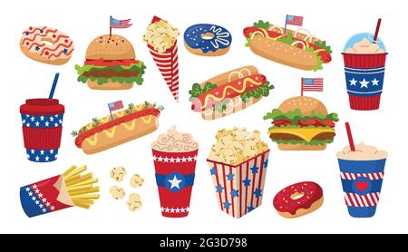 Fastfood-Set American Independence Day mit Flagge. Hamburger, Tasse Kaffee zum Mitnehmen und Donut, Hot Dog, Popcorn USA Flaggen Sammlung. Amerikanisches patriotisches Unabhängigkeitsfestival. Vektorgrafik Stock Vektor