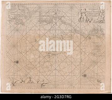 Pick Range eines Teils des Atlantischen Ozeans mit der Westküste Europas und einem Teil Afrikas; NEUE PASKAERT VANDE GHELELE WESTERCHEARS-VAERT bei Nacht UYT UNDERVINGHE von Schrandre Stiermen Naukurigh Treetekent und zusammengebracht .. Passagier eines Teils des Atlantischen Ozeans mit der Westküste Europas und einem Teil Afrikas, mit zwei Kompassrosen, liegt der Norden Verbindungen. Oben rechts eine Kartusche mit dem Titel und oben links die Adresse des Verlegers. Der Titel ist von Händlern aus verschiedenen Winden umgeben. Untere linke Teilung, in deutscher, spanischer und englischer oder französischer Sprache dargestellt Stockfoto