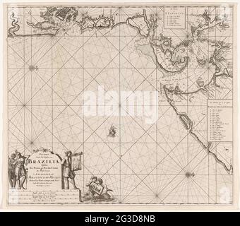 Pass-Karte eines Teils der Küste Brasiliens an der All Sainty Bay; PAS-Karte, Vande Sea Shores, von Brasilia, zwischen, Rio Ponica und Rio das Contas. Pick-Karte von einem Teil der Küste von Brasilien an der All Sainty Bay, mit zwei Kompass Rosen, der Norden ist rechts. Unten links der Titel, die Adresse des Verlegers und die Skala, in deutscher, spanischer und englischer oder französischer Meilen (Skala: c. 1:400,000). Die Daten werden flankiert von zwei Männern, von denen es einen Transit gibt, und einem Mann mit einem Bazing, an dem ein Banner mit einer Krone hängt. Zwei Meermen schwimmen zu Füßen des Blazers. Stockfoto