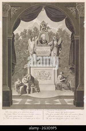Allegorische Grabstätte für Prinz Willem V., 1806; zur Unterbringung von Z.D.H. Willem de V. Prins von Oranien und Nassau (...) Freund der Religion und der Heimat. Gesicht durch ein Tor mit Vorhängen auf dem allegorischen Grabdenkmal für Prinz Willem V., gestorben am 9. April 1806. Auf beiden Seiten des Grabes mit Porträt der stehenden Gestalten des Prinzen der Wahrheit und Standhaftigkeit (rechts) und Unsterblichkeit (links). Sitzt am Fuße des Denkmals auf der rechten Seite die Geschichte zu schreiben, links eine Mutter mit drei Kindern. In der Bildunterschrift ein achtzig Vers. Der Ausdruck enthält eine gedruckte Nachricht des Abonnements und eine Stockfoto