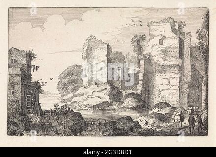 Landschaft mit Ruinen und einer Wassermühle; Landschaften; Amenissimae aliquot Requculae. Landschaft mit Figuren und Pakezen auf einer Straße an Ruinen. Links eine Wassermühle. Elfter Druck von Teil vier einer Serie von sechzig Drucken mit Landschaften, verteilt auf fünf Teile von je zwölf Drucken. Stockfoto