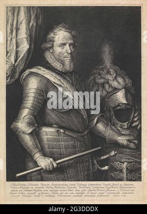 Porträt von Maurits, Prinz von Oranien. Porträt von Maurits. Er steht neben einem Tisch mit dem Helm seiner Rüstung darauf. Er hat einen Kommandoposten. Fünf Zeilen lateinischer Text im Unterkleid. Stockfoto