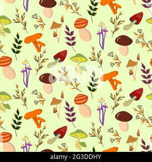 Muster mit verschiedenen Pilzen und Waldkräutern. Stock Vektor