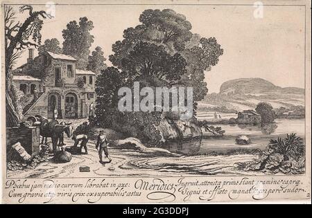 Italianizing Landschaft: Nachmittag; Meridien; die Teile des Tages. Blick auf eine italienisch anmutende Landschaft mit einem See und Figuren an einem Haus, die den Nachmittag darstellen. Zwei Figuren bei Pakezels. Drucken Sie aus einer Serie von vier. Stockfoto