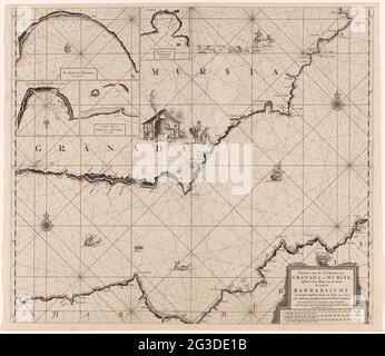 Seekarte von der Mittelmeerküste Spaniens und Marokkos; Pascaart der Seeufer von Granada und Murcia zwischen Velez Malaga und C. S. Martin, sowie die Barbary Seeufer zwischen Penon de Veles und C. Ivy. Seher zerstört und immer viele Fehler .. Sea Card von der Mittelmeerküste Spaniens und Marokkos, mit vier Einsatzkarten und drei Kompassrosen. Eine einzelne Figur in der Mitte mit einem Ofen. Unten rechts der Titel, die Verlagsadresse und die Skala, die in deutscher, spanischer und englischer oder französischer Meilen angezeigt wird (Skala: c. 1:900,000). Stockfoto