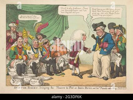 Doktor Napoleon bringt europäische Fürsten auf den Topf, 1808; Doktor Boney - bringt die Macht zu Pot, oder Iohn Bull und seine Freunde eher schüchtern. Napoleon als Arzt mit einer großen Perücke auf dem Kopf hat eine Gruppe europäischer Fürsten auf eine PO gesetzt. Er lädt John Bull (Großbritannien), Schweden (Gustaaf IV Adolf) und Brasilien (Johan VI, König von Portugal und Prinz von Brasilien) ein, nicht schüchtern zu sein und auch am POS zu stattfinden. Am PoS mit der Hose um die Knie, Al Zar Alexander I., Frederik Willem III. Von Preußen, Keizer Frans II., Papst Pius VII., der spanische König Karl IV. Und ein fetter Holländer. Sultan Mustafa IV Stockfoto