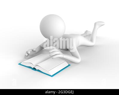 3D Illustration eines Zeichentrickfilms, der sich hinlegt und Buch liest Stockfoto