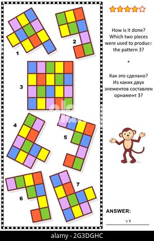 Abstraktes visuelles Puzzle: Wie wird es gemacht? Welche zwei Stücke wurden zur Herstellung des Musters 3 verwendet? Antwort enthalten. Stock Vektor