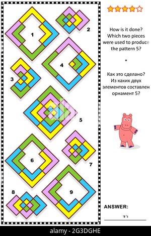 Abstraktes visuelles Puzzle: Wie wird es gemacht? Welche zwei Stücke wurden zur Herstellung des Musters 5 verwendet? Antwort enthalten. Stock Vektor