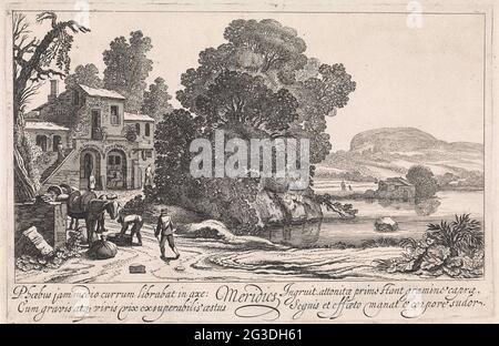 Italianizing Landschaft: Nachmittag; Meridien; die Teile des Tages. Blick auf eine italienisch anmutende Landschaft mit einem See und Figuren an einem Haus, die den Nachmittag darstellen. Zwei Figuren bei Pakezels. Drucken Sie aus einer Serie von vier. Stockfoto