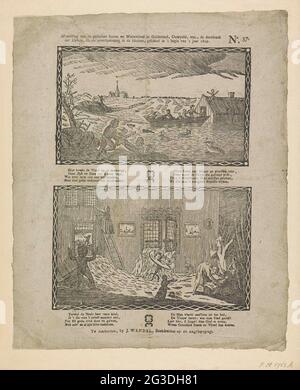 Zwei Bilder von der Flut im Jahr 1809; Bild des gewaltigen Sturms und der Flut in Gelderland, Ovoysel usw., des Durchbruchs der Deiche und der Überschwemmungen in den Häusern, geschah Anfang des Jahres 1809. Zwei Bilder von der Flut in Gelderland und Overijssel im Januar 1809 . Oben: Bewohner werden mit einem Boot aus ihrem überfluteten Haus gerettet. Unten: Das Wasser fließt in ein Haus. Unter jeder Aufführung ein achtzeiliger Vers. Rechts oben nummeriert: Nr. 37. Stockfoto