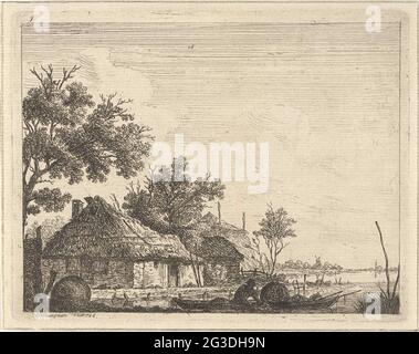 Landschaft mit Bauernhof und Fischer; Landschaften mit Häusern. Landschaft mit einem Bauernhof und Heuhaufen links. Im Vordergrund auf dem Wasser ein Fischer mit Fuker in einem Boot. Stockfoto