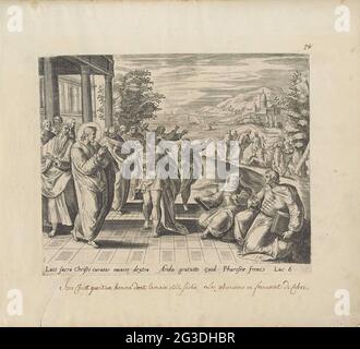 Christus heilt einen Mann mit einer schrumpeligen Hand; Wunder Christi; Thesaurus Sacrarum historiarum Veteris Testamenti (...). Christus heilt am Sabbat im Tempel einen Mann mit geschrumpfter Hand. Der Mann streckt seine Hand zu Christus. Die Schriftgelehrten schauen. Zwei von ihnen sind vor Ort mit Gesetzbüchern in der Hand. Im Hintergrund in der Landschaft heilt Christus andere Menschen. Unter der Show ein Hinweis auf Latein auf den Bibeltext in Luc. 6. Stockfoto