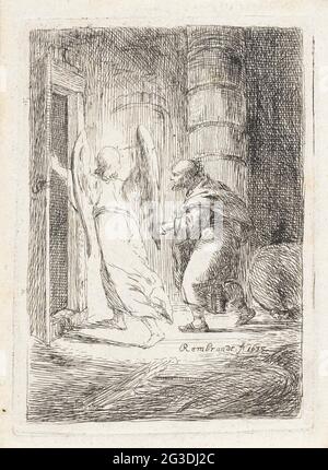 Der Mensch auf der Grundlage eines Engels. Ein Engel führt einen alten Mann in Richtung einer geöffneten Tür. Stockfoto