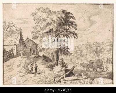 Landschaft mit Schlitten. Landschaft mit Baumkunst und zwei Häusern. Auf dem Weg, im Vordergrund, gibt es einen Mann und eine Frau. Auf dem unteren Pfad geht eine Person neben einem Kutsche mit zwei Pferden. Stockfoto