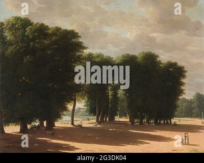 Der Eingang zum Park von Saint-Cloud, Paris. Kleijn verbrachte zwei Jahre in Paris auf ein Stipendium von König Louis Napoleon. Während seiner Zeit in Paris malte er den Park des Château de Saint-Cloud, westlich der Stadt. Die niedrige Sonne wirft lange Schatten über den sandigen Boden. Hinter den Bäumen liegt die seine mit der Pont de Sèvres in der Ferne. Die flanierenden Figuren werden von den imposanten Baumreihen in den Schatten gestellt. Stockfoto