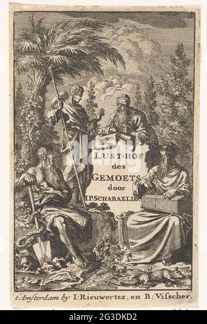 Titelseite für: Jean Philipsz. Schabaaljes, „der fusionierte Lust-Hof des Moods“, 1706. Titelseite mit dem Vordergrund Adam mit der Schlange und dem Apfel und neben ihm Noah mit einem Modell der Arche in den Händen. Stockfoto