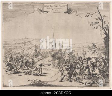 Gefängnis von Johan VIII., Graf von Nassau-Siegen bei Schlachten in Wesel, 1630; Graef Jan van Nassou Stopen und Ghevanghen. Anno 1630. Gefängnis von Johan VIII., Graf von Nassau-Siegen von Kolonel Ysselstein bei Schlachten in Wesel, August 1630. Heftige Kämpfe in einer Landschaft für eine Kirche, direkt im Vordergrund wird die Zählung zu Pferd genommen. Unterschrift unten: Abb. 11, FOL. 102. Stockfoto