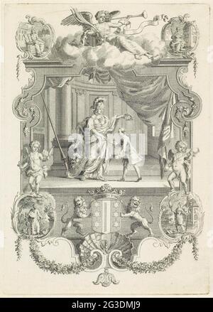 Allegorie auf die Stadt Gouda. In der Mitte befindet sich Minerva an einer Lanze und einem Schild mit dem Kopf der Medusa. Auf dem Schild ist eine Eule. In der linken Hand hält sie einen Lorbeerkranz und sie erhält mit der rechten Hand Geld oder gibt es dem jungen Mann für sie. Die Show wurde in einem ornamentalen Bilderrahmen gezeigt. Über der Show ist der geflügelte Ruhm mit einer Trompete und einem Palmenzweig. Oben links ist die Personifizierung des Glaubens in Form einer Frau mit einer Flamme auf ihrem Kopf an zwei Steintafeln. Sie hält eine Schrift in der Hand. Richter neben Fame ist justitia. Unten links ist ein Putto mit Stockfoto