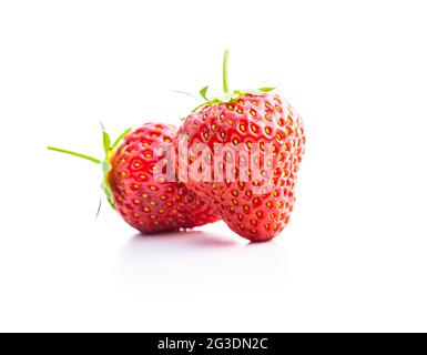 Ganze reife rote Erdbeeren isoliert auf weißem Hintergrund. Stockfoto