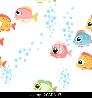 Lustige lustige Fische. Den Boden des Behälters. Meer. Blasen. Unterwasserlandschaft mit Pflanzen, Algen und Korallen. Nahtlos. Abbildung in Stock Vektor