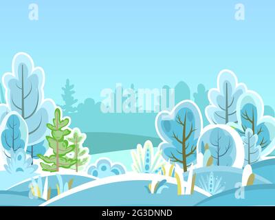 Winterlandschaft. Schöne frostige Aussicht mit schneebedeckten Bäumen. Nebel. Illustration in einem einfachen flachen symbolischen Stil. Eine lustige Szene. Comic-Cartoon Stock Vektor